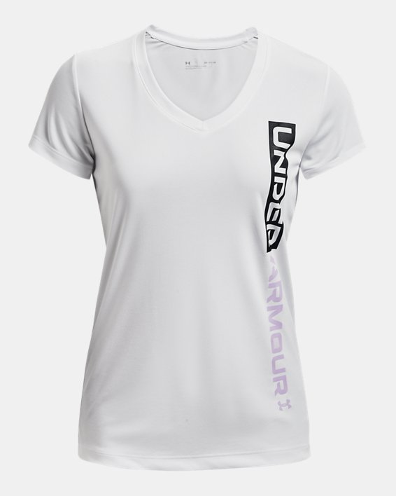Women's UA Velocity Wordmark V-Neck Short Sleeve, White, pdpMainDesktop image number 4